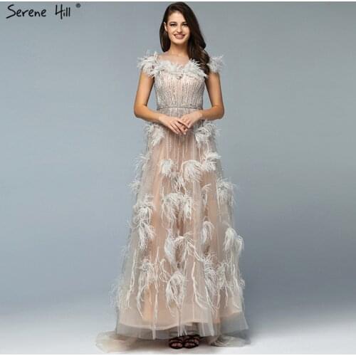 Serene Hill Nude Luxury Elegant Evening Dresses Gowns 2021 Sleeveless Feathers Beading A-Line Sexy For Women Party LA60756