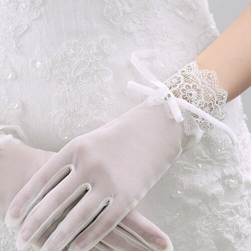Elegant Women Wedding Gloves for Bride Lace Appliqued Short Gloves with Bow
