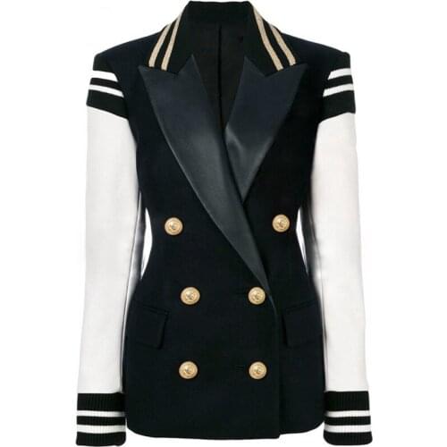High End Women Coat Threaded Cuffs Double Row Metal Lion Button Contrast Leather Jacket New Fashion 2021 spring C816
