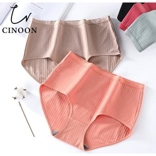 CINOON Cotton Stripe Panties High-Rise Abdomen Underwear Breathable Briefs Solid Clour Seamless Female Intimates Push Size M-4XL