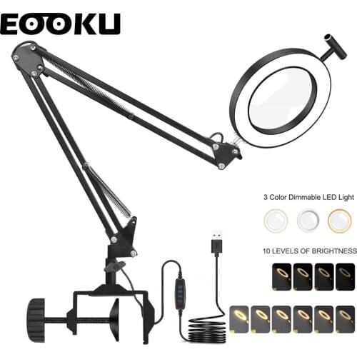 EOOKU Table Lamp 5X Magnifying Glass Lamp With LED Light 3-Color Modes For Living Room Kids Study Reading Repair Cell Phone