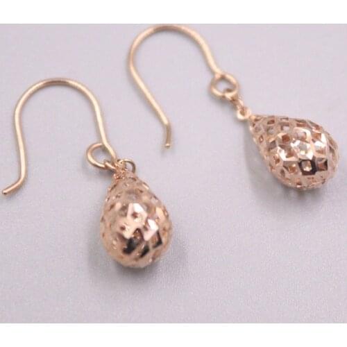 Real 18K Rose Gold Earrings Hook For Women Female Girl Charm Hollow Raindrop Earrings Drop Gift 27mmH