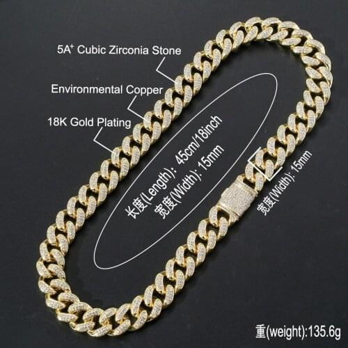 New Iced Out Cuban Chain 7-24" 15mm Cubic Zirconia Necklace For Men Gifts Fashion Hip Hop CZ Necklaces Jewelry
