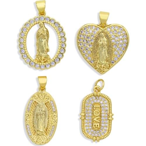 OCESRIO Brass CZ Stone Virgin Mary Pendant Charms for Women 14 Gold Plated Spiritual Jewelry Making Supplies pdta302