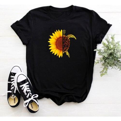 Half Flower and Half Animal T Shirt Women Funny Printing Pattern Women Tshirt Loose Round Neck Femme T-shirts Black Tops