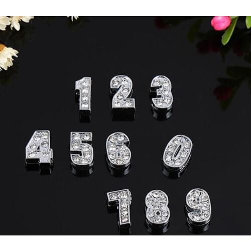 8mm Silver 0-9 Numbers Slide Charms Flat Hole Metal Beads Keeper Fit 8mm Stainless Steel Mesh Bracelets DIY Jewelry Making