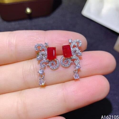 Fine Jewelry 925 Pure Silver Chinese Style Natural Ruby Girl Luxury Noble Pattern Rectangle Gemstone Earrings Ear Stud Support D