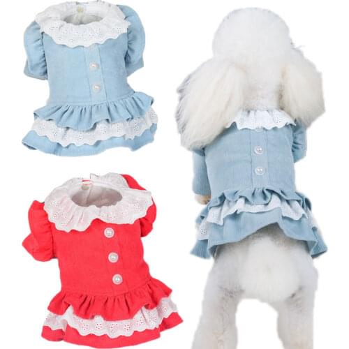 Blue Red Dog Clothes Puppy Cat Dress Coat Winter For Princess Girls Flying Sleeve Botton Decor Tutu Skirt Jacket For Small Dogs