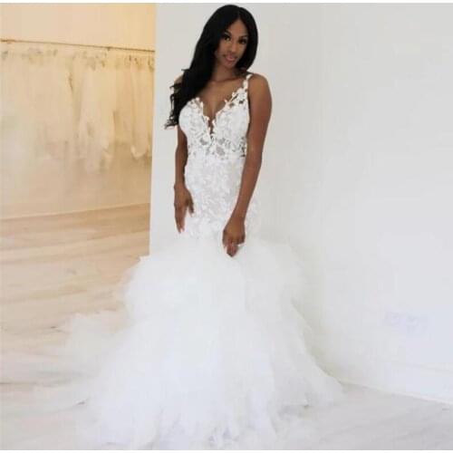 African Wedding Dresses V-Neck Appliques Lace Ruffles Plus Size Mermaid Bridal Gowns Formal Lady Wedding Gowns novia vestido