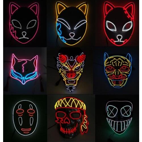 Japanese Cartoon Characters LED Mask Cosplay Party Decoration Anime Fox Horror Monster Scary Skull Luminous EL Wire Mask