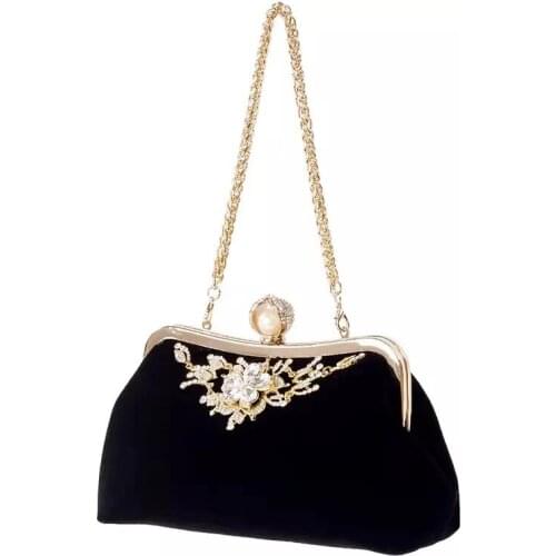 Velvet Evening clutch bag women 2021 Diamond Pearl Purse Vintage Crystal Flower Wedding Party Bride Handbag for lady black B358