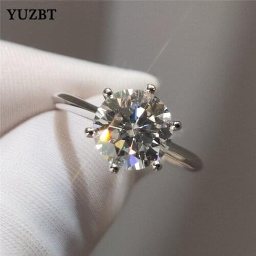 YUZBT Women 925 Silver 2 Carat 8mm Round Gemstone Ring Excellent Cut Diamond Test Past D Color Moissanite Engagement Rings Gift