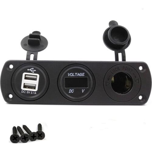 DIY 12-24V Dual USB Charger 3.1A Cigarette Lighter Socket Voltmeter Blue LED Three Holes Panel for Car Boat Marine Motorcycle