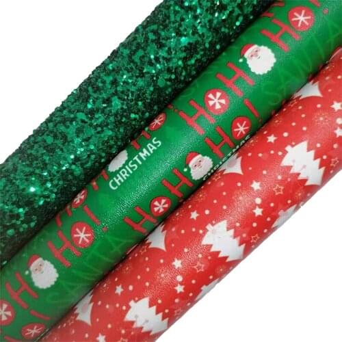 Green Glitter leather, Christmas Trees Santa Claus Printed Synthetic Leather Faux Fabric Sheet For Bows Earrings 21x29CM KM599