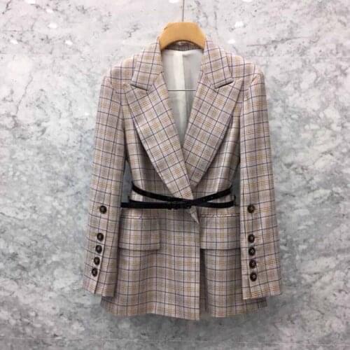 Autumn New Korean Version Fashion Retro Plaid Single Clasp Waist Western Sleeve Jacket Womens Belt Plaid Blazer Womens Blazers