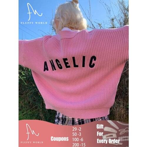 Pink Letter Embroidery Knitted Female Cardigan Loose Streetwear Long Sleeve Sweater Coat Casual Button Angel Print Women Jacket