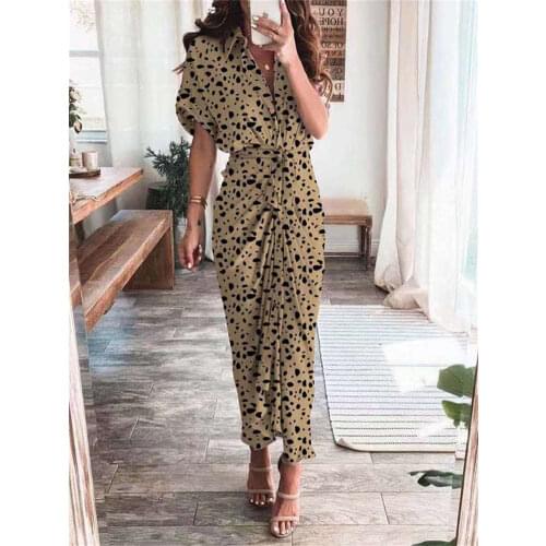 Sexy V Neck Buttons Midi Dresses Slashes Vintage Satin Elegant Flare Short Sleeve Sundress High Waist Party Dress Women M0514