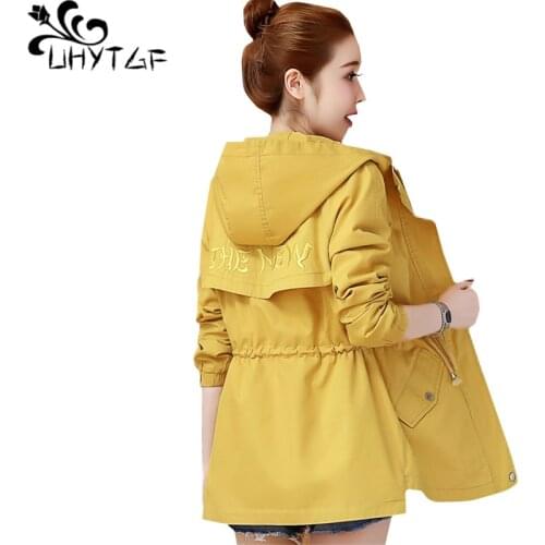UHYTGF Feminine coat Fashion hooded spring autumn trench coat for women New embroidery Windbreaker Female student short coat 279