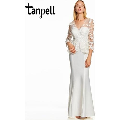 Tanpell appliques evening dress elegant ivory v neck full sleeves sheath floor length dresses women formal long evening gown
