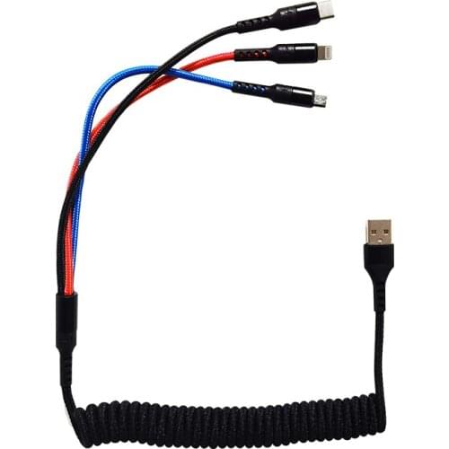 3 in 1 USB Data Cable Portable Spring Micro USB Type C Mobile Phone Charging Charge Cable Retractable Car Spring 3A Quick Charge