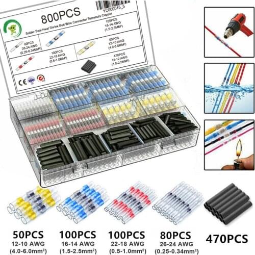 300/600/800Pcs Solder Seal Wire Connectors Kit, Heat Shrink Butt Connectors Waterproof and Insulated Electrical Wire Terminals