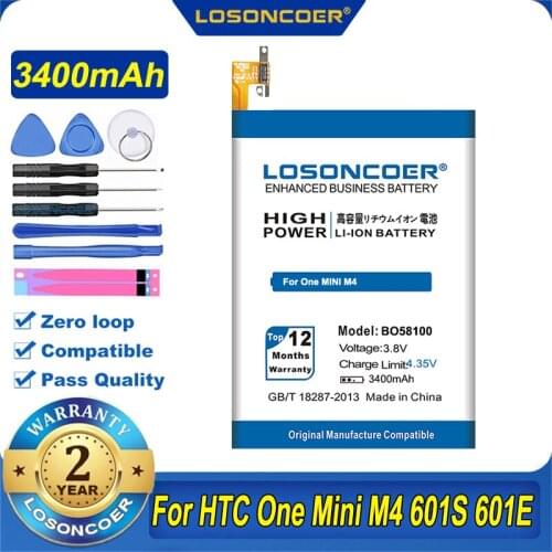 100% Original LOSONCOER 3400mAh BO58100 Battery For HTC One Mini M4 601S 601E 601N 603E