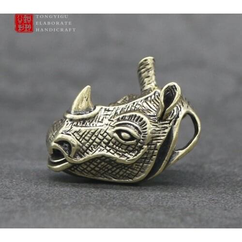 Antique Solid Brass Rhinoceros Miniature Figurines Retro Copper Animal Tea Pet Desktop Ornament Decor Crafts Keychain Pendants