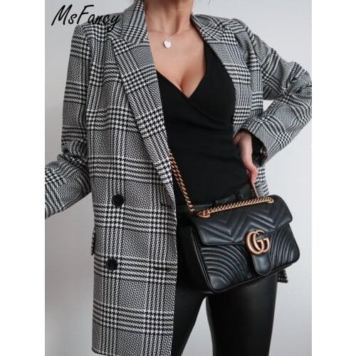 Msfancy Plaid Blazer Femme Double Breasted Suit Jacket for Women 2021 Oversized Vintage Americana Mujer Outwear