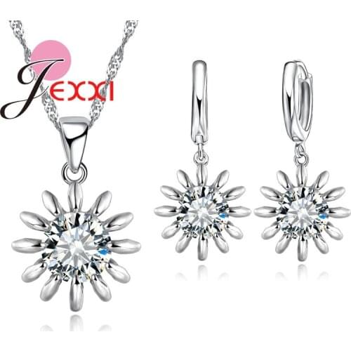 Big Crystal Flower Shape Women Silver Jewelry Fashion Hotsale Necklace And Earrings Set Boys Best Gift For Birthday Girls
