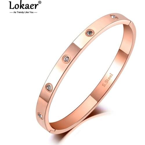 Lokaer Luxury CZ Crystal 6mm Cuff Bangles For Women Rose Gold Cubic Zirconia Love Titanium Stainless Steel Bracelets B19062