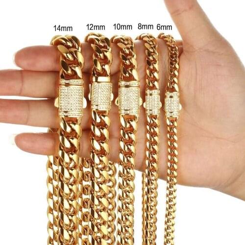 Hip hop 6/8/10/12/14mm Miami Cuban Chain Necklace Stainless steel Rhinestone Clasp Iced Out LockCasting Chain Men Women Jewelry