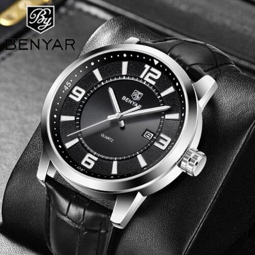2021 New BENYAR Mens Watch Top Luxury Brand Quartz Watch Mens Fashion Leather Strap Waterproof Luminous Military Design Watch
