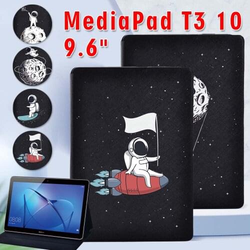 Flip Tablet Case for Huawei MediaPad T3 10 9.6" AGS-L09 W09 Astronaut Pattern PU Leather Stand Fold Cover