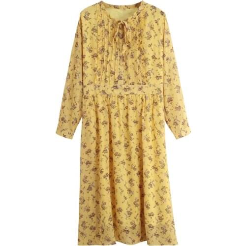 LUKAXSIKAX 2020 New Spring Autumn Women Slim Long Sleeve Dress High Quality Sweet Yellow Floral Chiffon Dress