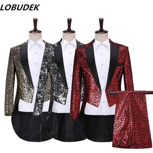 Mens Magician Leopard-print Swallowtail Suit Gold Silver Tailcoat Pants 2-Pieces Set Prom Male Singer Chorus Host Stage Suits