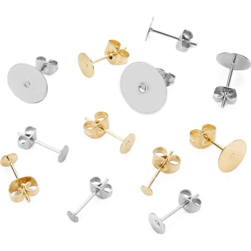 50pcs/lot Surgical Stainless Steel Earring Posts Back with 3 4 5 6 8 10 12mm Glud on Flat Pad Bezel Earring Studs DIY Jewelry
