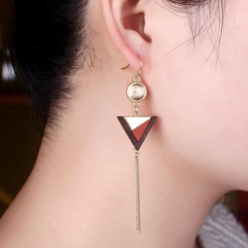 New Women Fashion Long Semi-Precious Stone Tassel Earrings Female Stitching Color Triangle Retro Wooden Earrings