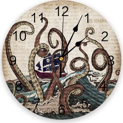 Vintage Nautical Ocean Pirate Ship Octopus Modern Wall Clock For Home Office Decoration Living Room Bathroom Decor Hanging Watch