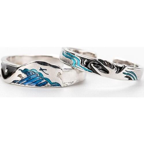 Wave personality pattern ring Flying Bird Fish Couple Sweet Romantic Love 925 Sterling Silver Female Resizable Opening Rings