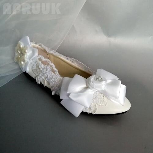 White lace satin bow butterfly-knot flats shoes woman plus size 41 42 womens bridal wedding flats shoes bride