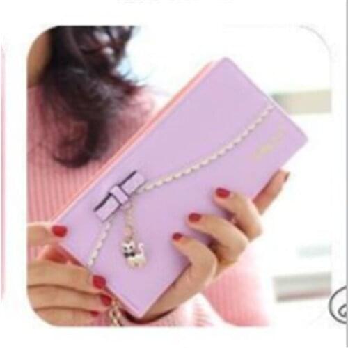 Fashion Womens Wallet New Korea Sweet Long Wallet Bow Lady Kitten Pendant Wallet Solid Card Holder Women Clutch Handbag Bag