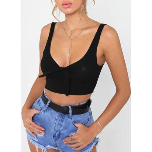 Women Sexy Sleeveless T-shirt Ribbed Chest Knot Backless Slim Crop Top Vest