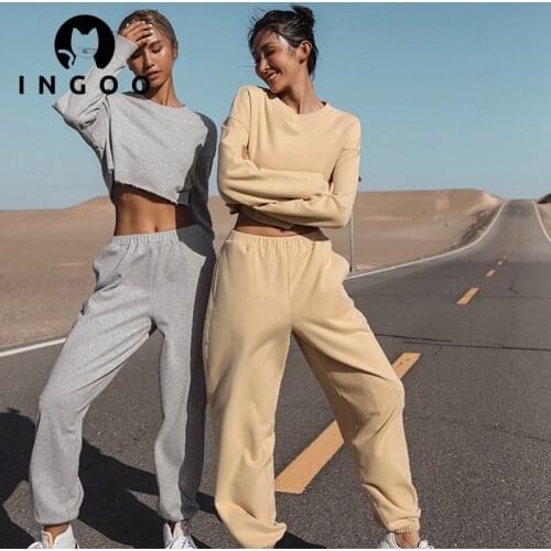 INGOO Solid Casual Tracksuit Women Sports Two Piece Sets Long Sleeve Sweatshirts And Sweatpants Suits Fashion Street Outfits