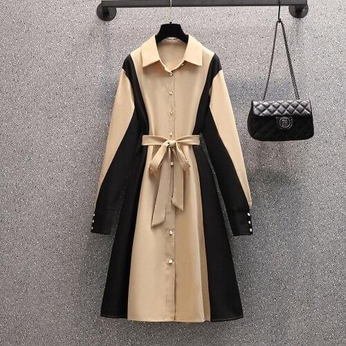 Contrast Color Design Dress Womens autumn 2021 New plus size Lapel Single Breasted Lace Up Waist Long sleeve Mid-calf Dresses