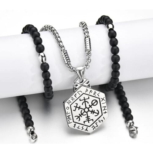 Viking Odins Symbol of Norse Runic Pendants Necklaces Stainless Steel Chain Black Stone Strand Beads Necklaces Ethnic Jewelry