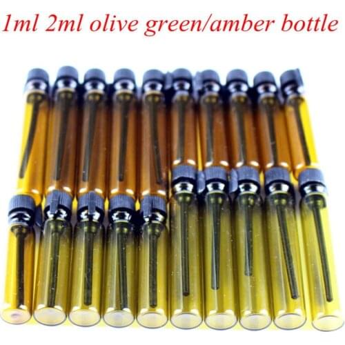 100pcs/lot 1ML 2ML Olive Green / Amber Travel Glass Perfume Bottle For Essential Oils Empty Cosmetic Trial Thin Glass Bottle