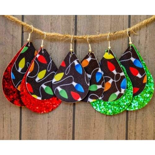 2020 New Christmas Lights Teardrop Shaped Faux Leather Earrings
