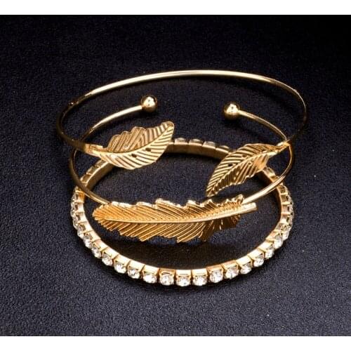 3pcs/pack bangle bracelet with stretch rhinestone and embossed leaf design in burnished in gold tone