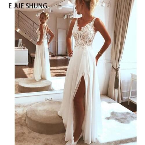 E JUE SHUNG White Chiffon Luxury Lace Boho Wedding Dresses V-neck Side Slit Backless Bridal Wedding Gowns