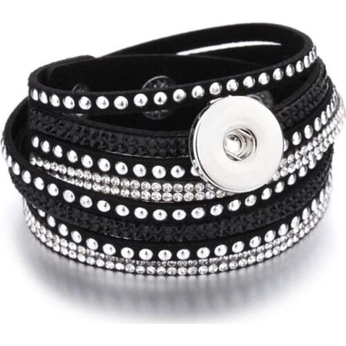 8 colors new arrival womens multi-layer crystal rivet leather 18/20mm metal snap button bracelet DIY jewelry